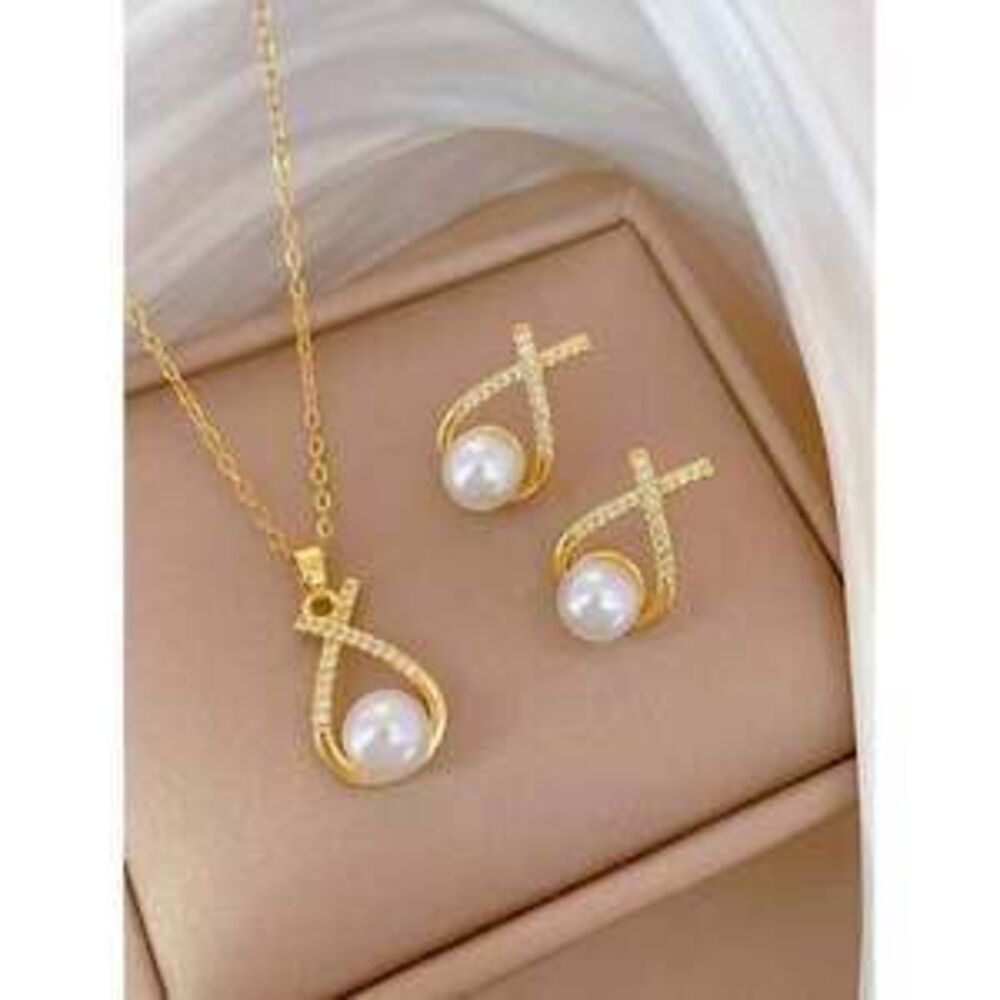 1pc 14k Necklace Chain With White Pearl Necklace Earring Luxury Mic Jewelry Set